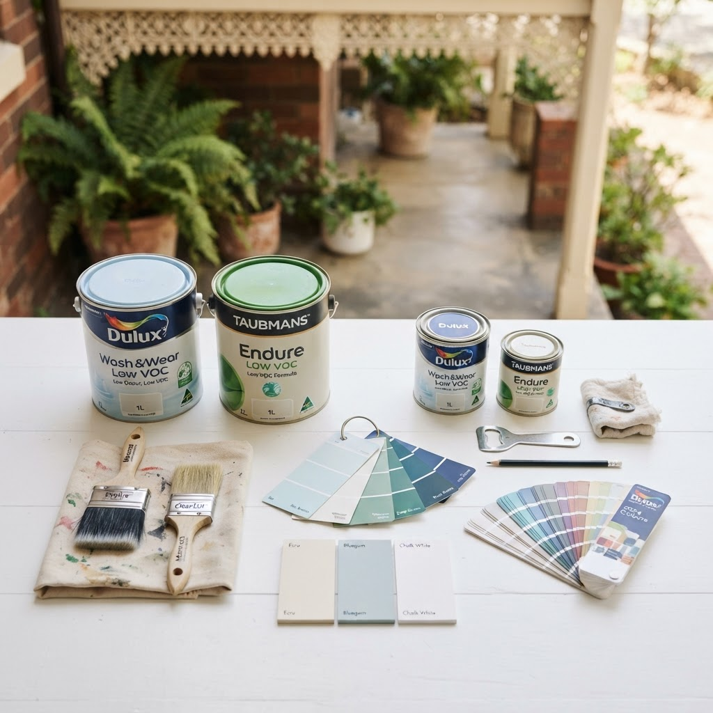 Paint cans and colour swatches for low-VOC paint selection in Sydney home