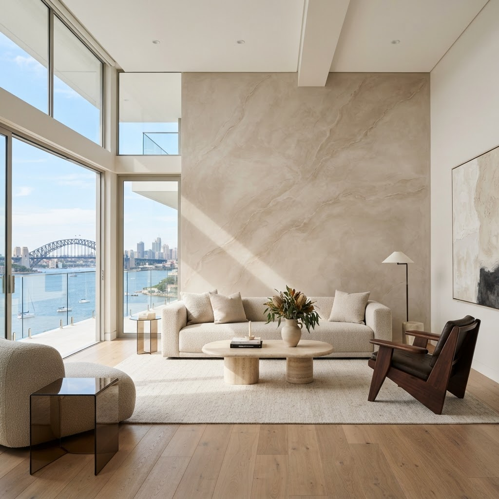 Polished Venetian plaster feature wall in a modern Sydney living room