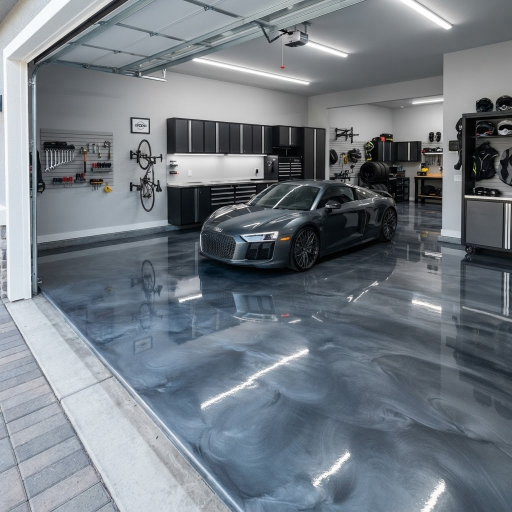 Epoxy flooring Sydney - professional garage with high-gloss smooth epoxy floor coating and sealed concrete finish, durable stain-resistant surface for residential and commercial use