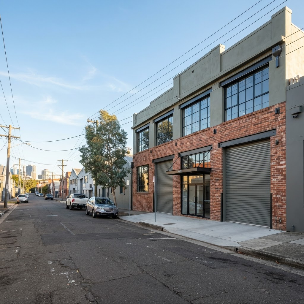 Painters repainting a converted warehouse exterior on a light industrial street in Alexandria