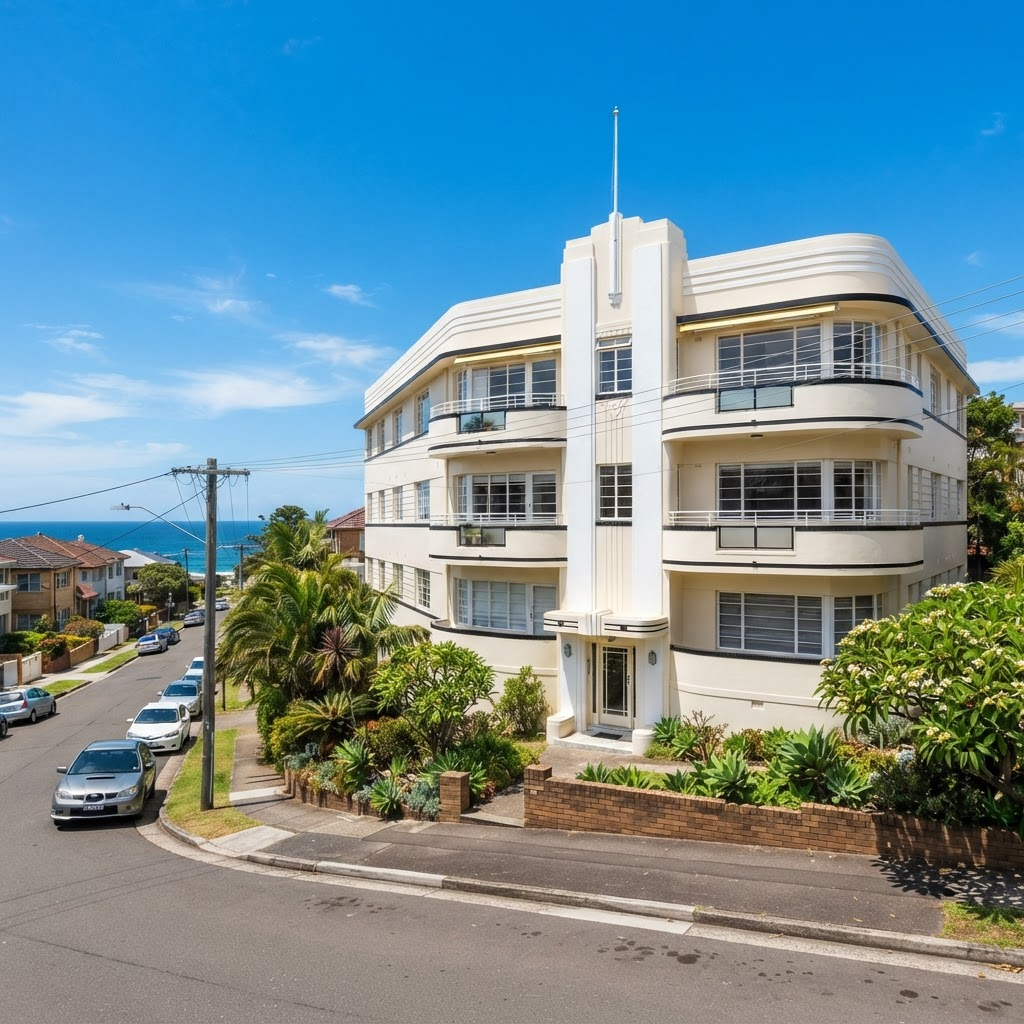 Freshly repainted Art Deco apartment block exterior on a Bondi hillside street