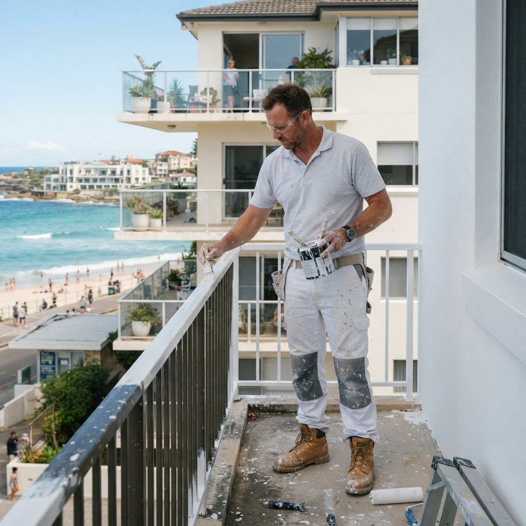 Painter coating balcony rails and render on a Bondi strata unit block