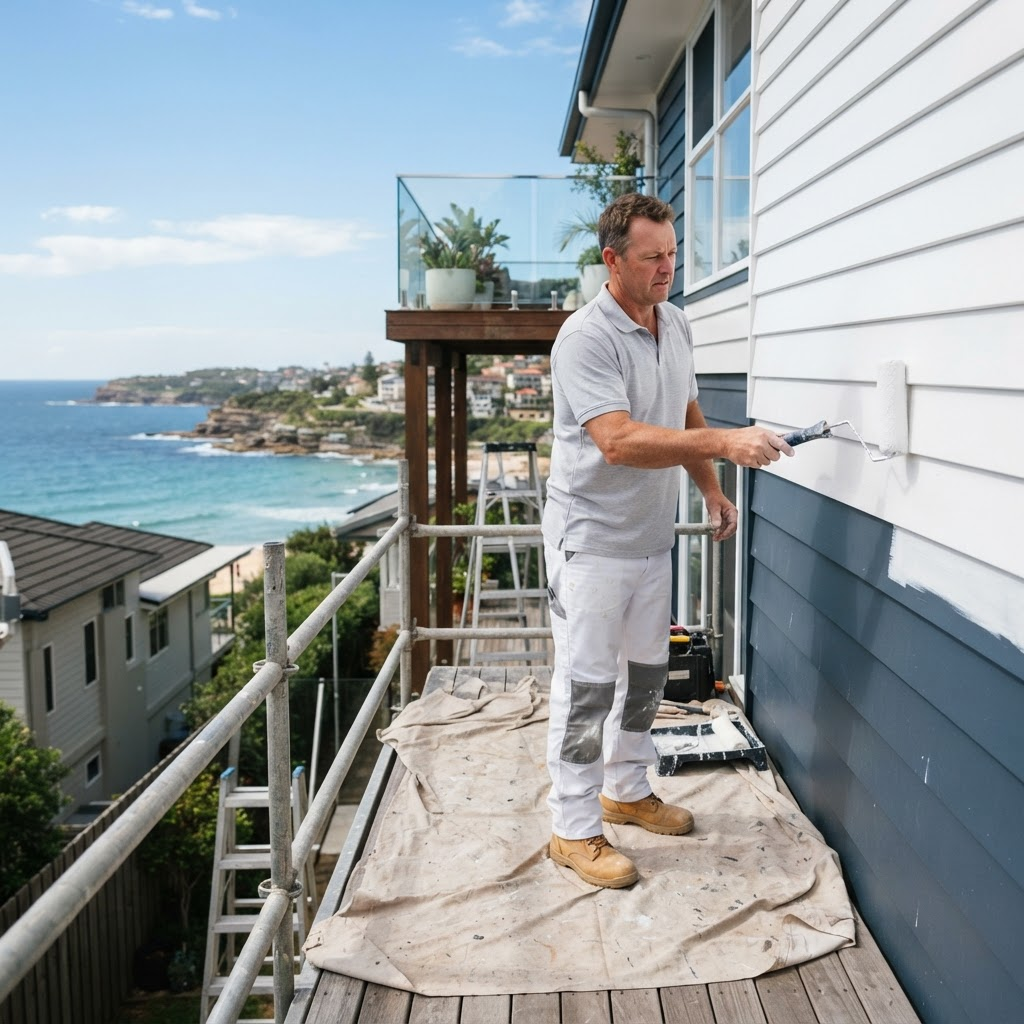 Painters repainting the timber exterior of a coastal home above Bronte Beach