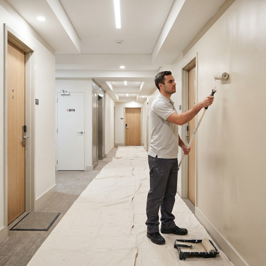 Painter rolling a freshly prepped hallway wall in an occupied apartment block near Burwood station