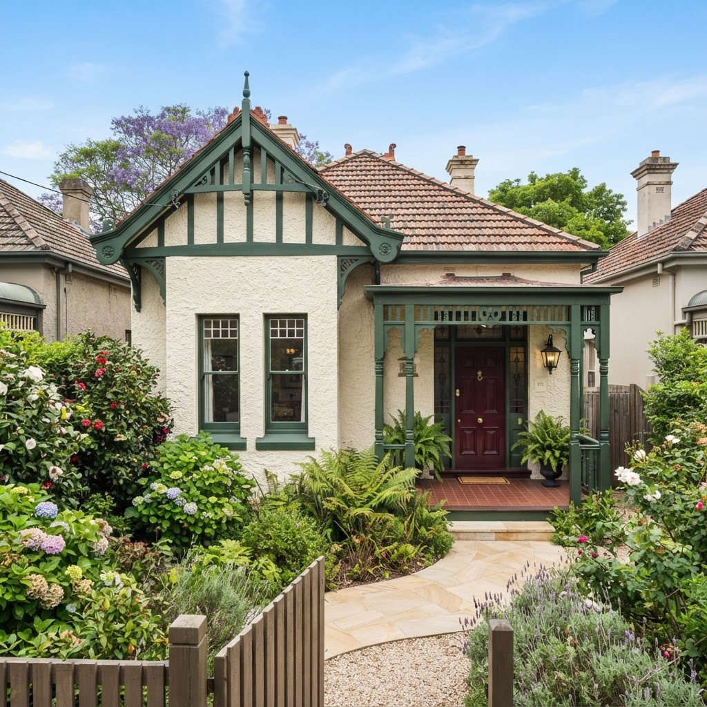 Freshly repainted roughcast render Federation home facade in Burwood