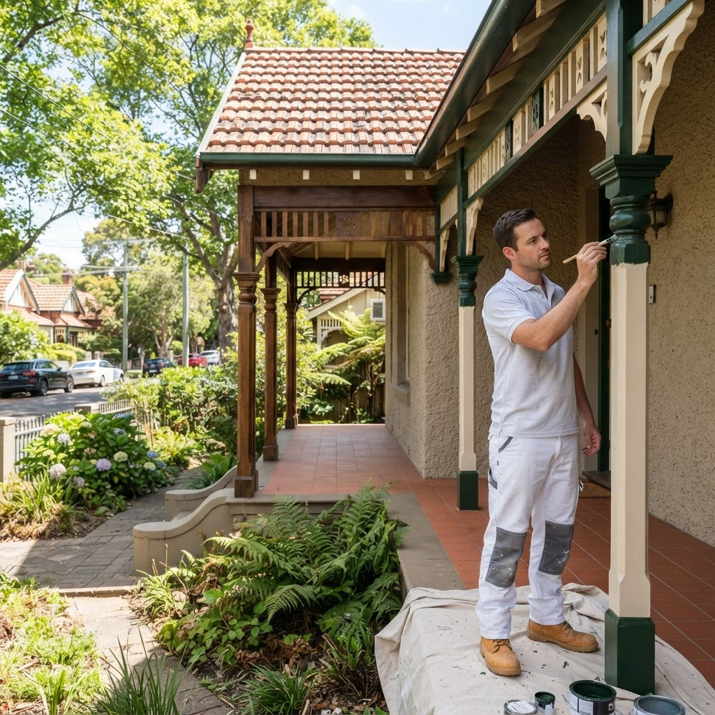 Painter cutting in heritage colour on the timber verandah of a Federation home in Burwood