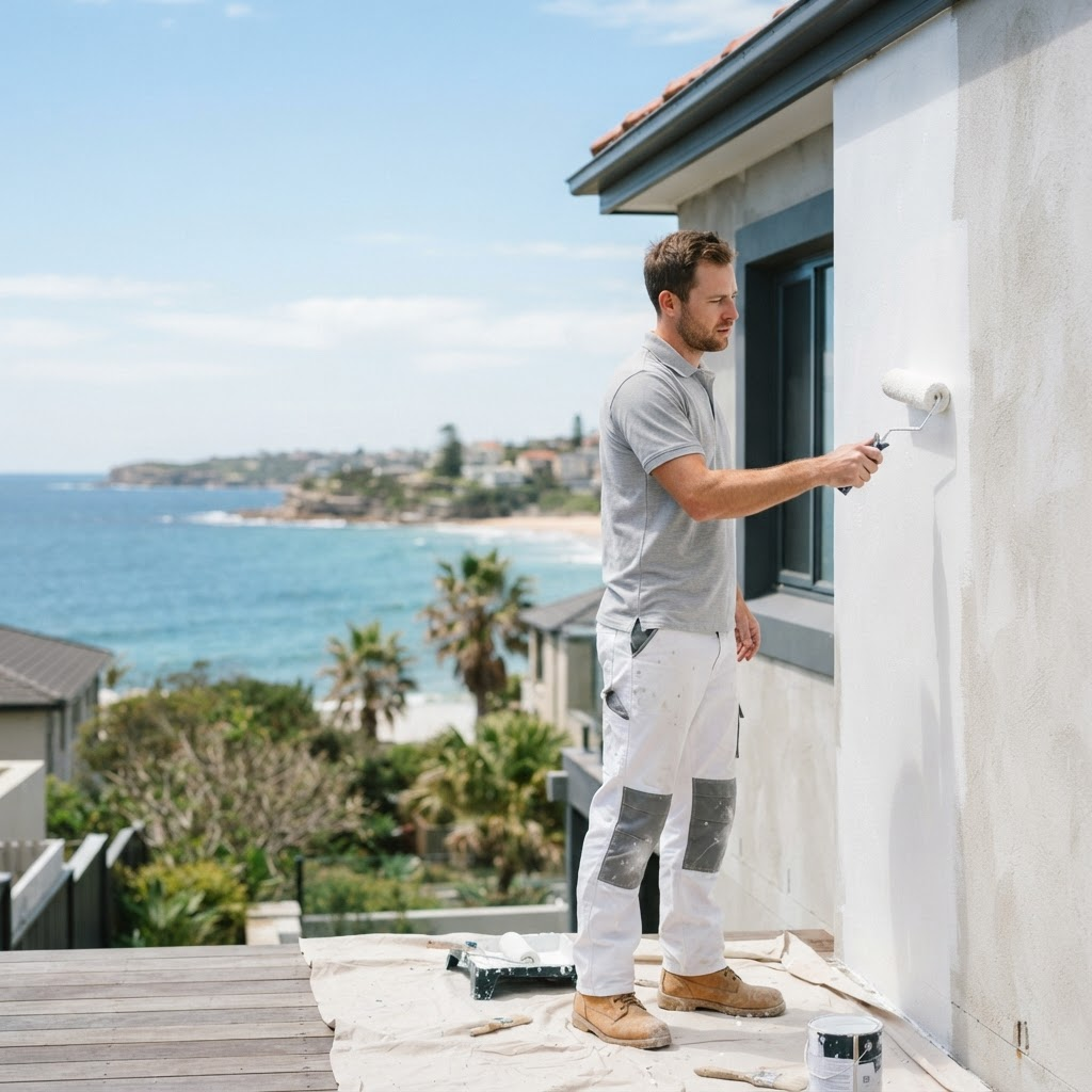 Painter finishing a weather-resistant exterior repaint on a Coogee beachside home