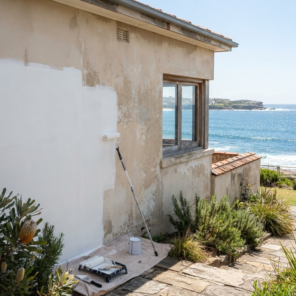 Salt-worn coastal render being recoated on a Coogee home exterior