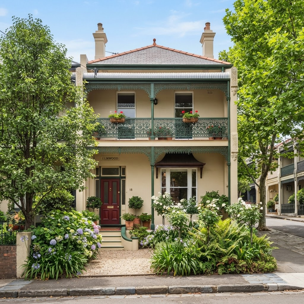 Before and after of a Victorian terrace exterior repaint on a leafy Cremorne street