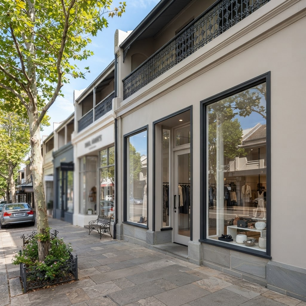 Freshly repainted boutique shopfront on a Double Bay retail strip after a two-coat exterior finish