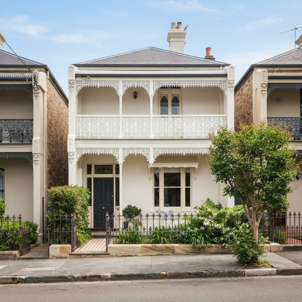 Before and after of a rendered Victorian terrace facade repainted in the Inner West