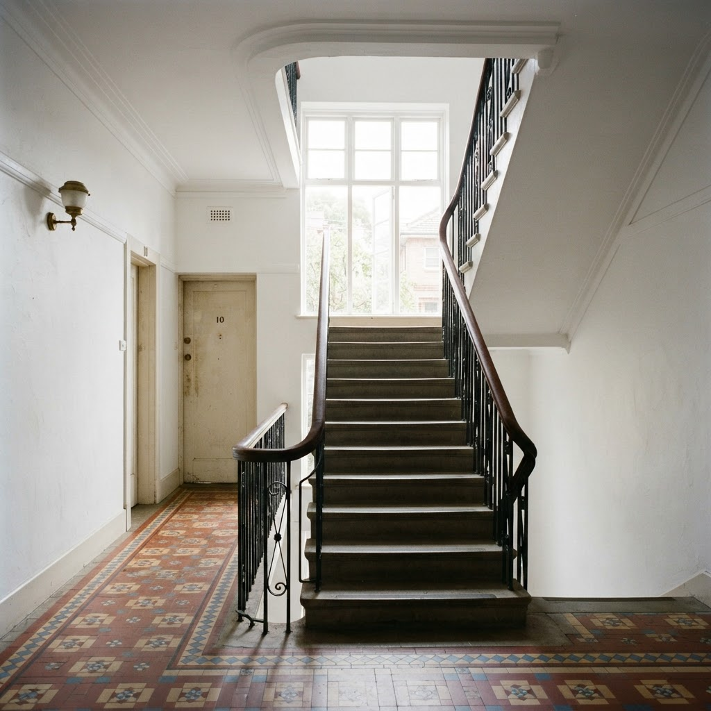 Repainted stairwell and common area of an interwar walk-up apartment block in Ashfield