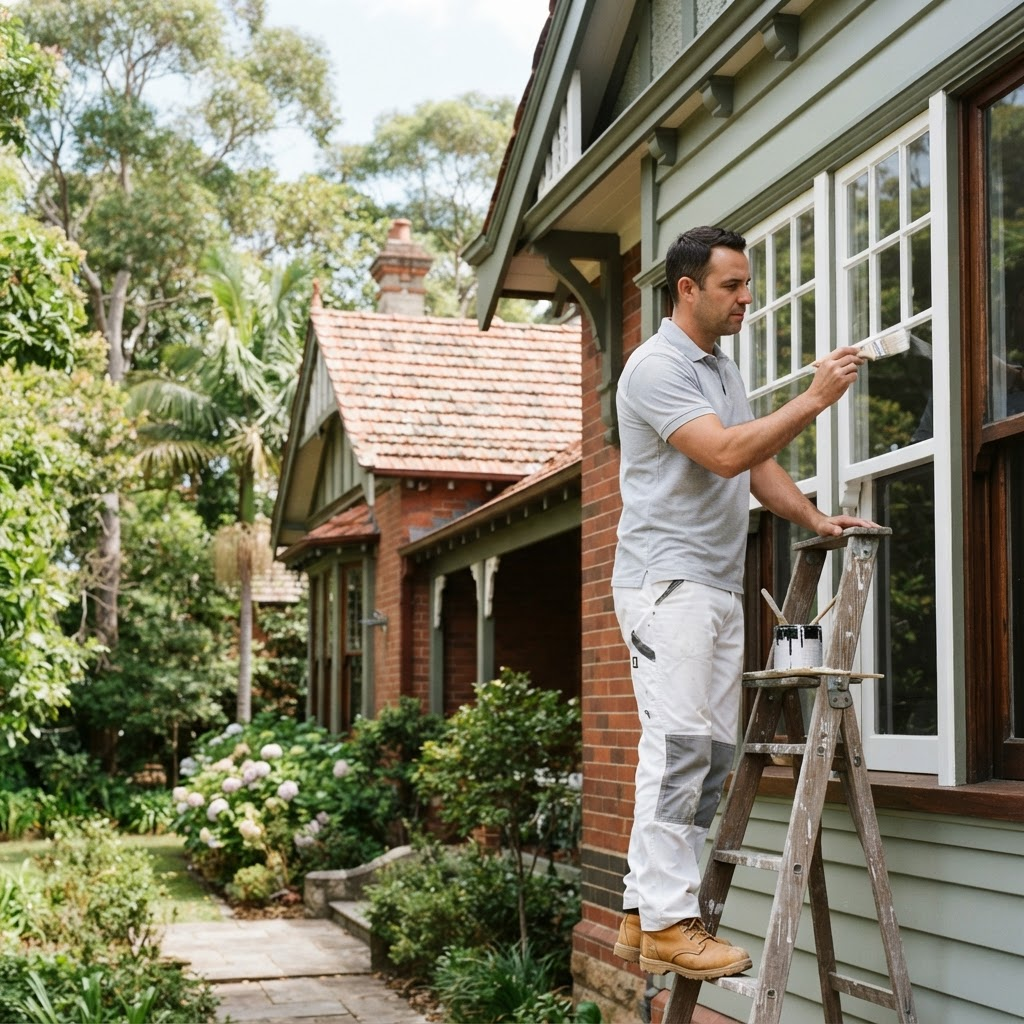 Painter cutting in a heritage window frame on a Federation home in Ku-ring-gai