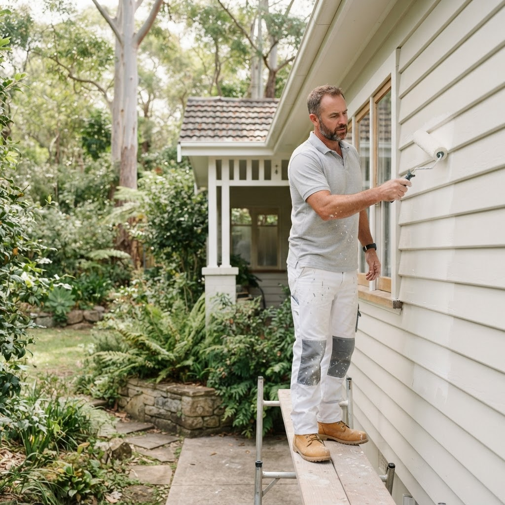 Sydney Paintmasters painter rolling fresh exterior paint on a Lane Cove home facade