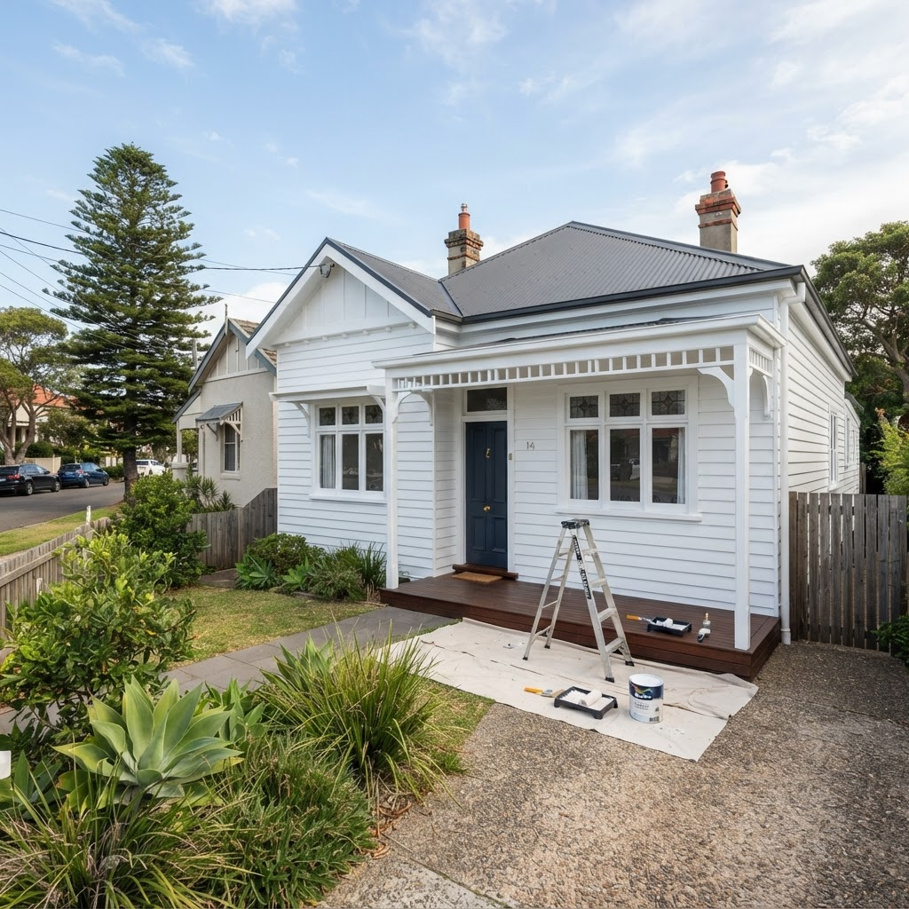 Weatherboard exterior in Maroubra part way through a full two-coat repaint