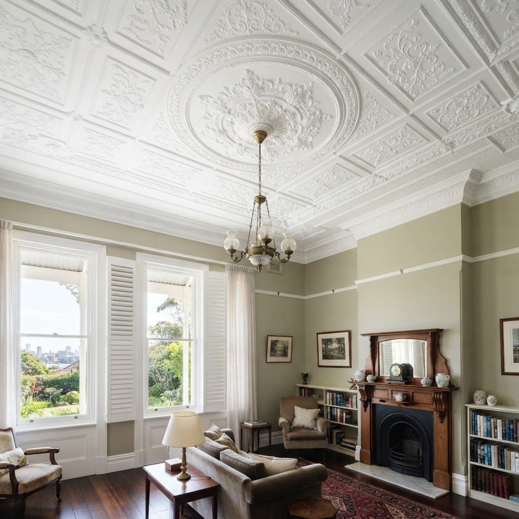 Restored ornate ceiling detail after interior repainting in a Mosman residence