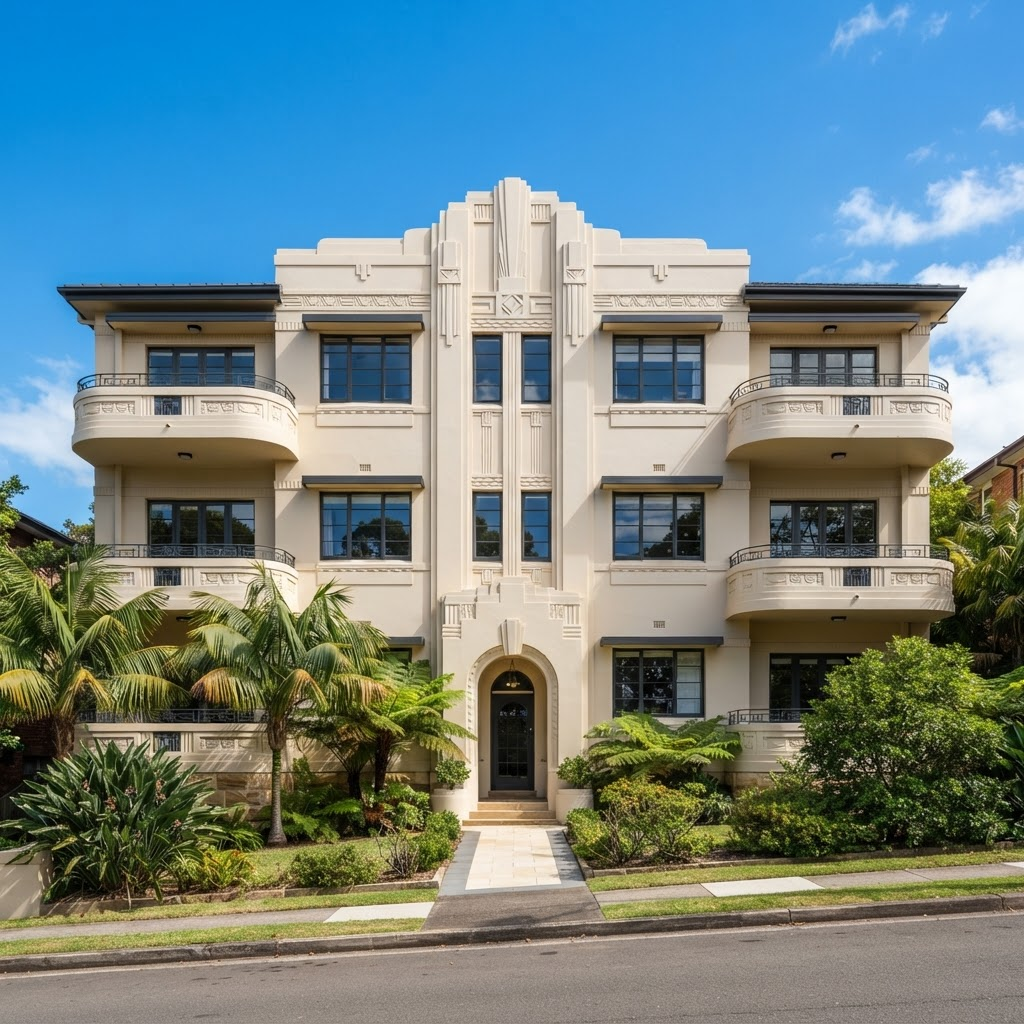 Freshly repainted Art Deco apartment block facade with restored render detail in Neutral Bay