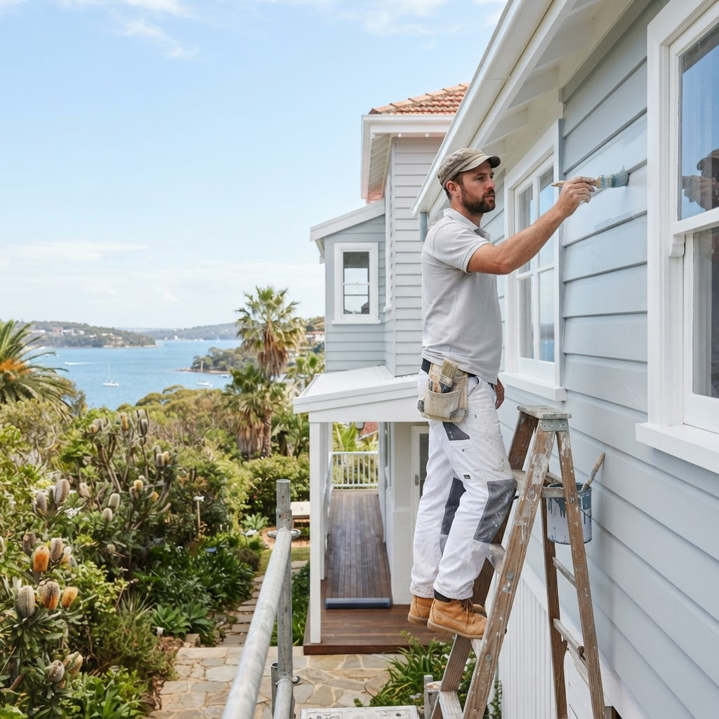 Sydney Paintmasters painter repainting a coastal weatherboard home exterior in Newport