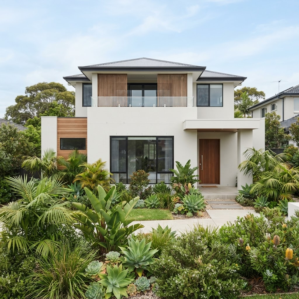 Fresh coastal coating on a rendered Newport house facade in a soft neutral tone
