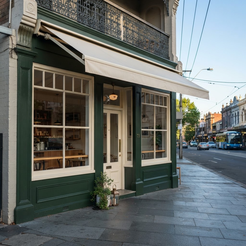 Freshly repainted shopfront and signage bulkhead on King Street in Newtown
