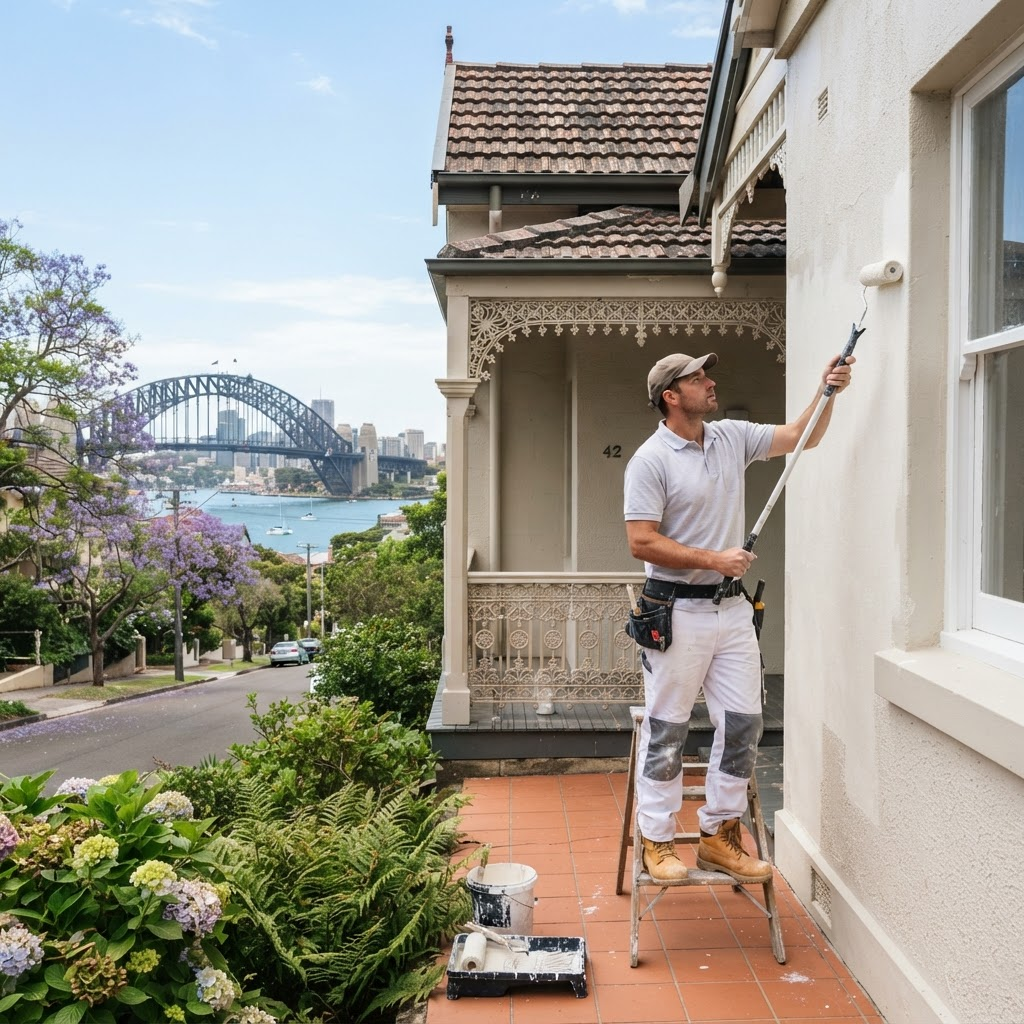 Sydney Paintmasters painter rolling a fresh exterior coat on a Federation home in North Sydney