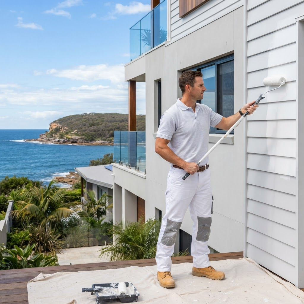 Sydney Paintmasters crew rolling a fresh exterior coat on a Northern Beaches coastal home