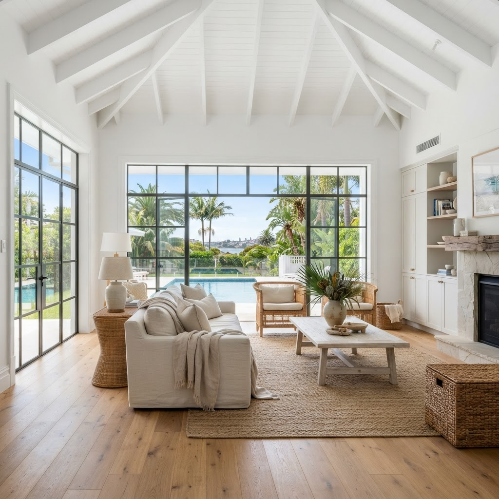 Bright interior repaint of a Palm Beach beach house living space with crisp white trims