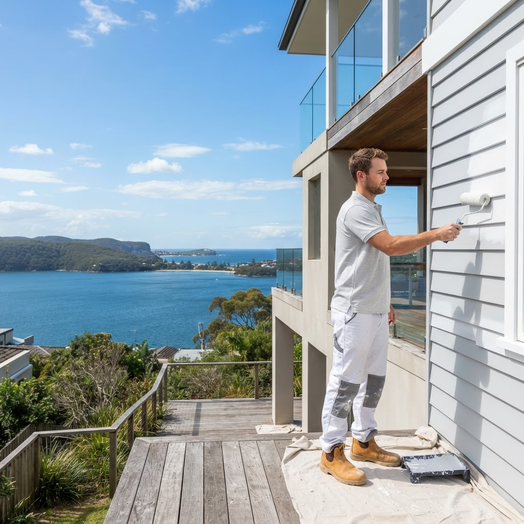 Painter rolling a fresh coastal exterior coat on a Palm Beach beach house above Pittwater