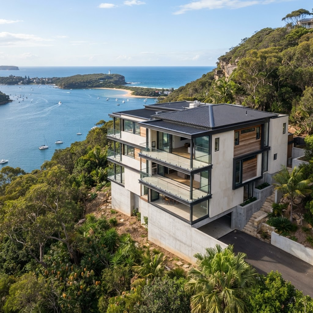 Fresh exterior coating on a high-set multi-level Palm Beach home above Pittwater