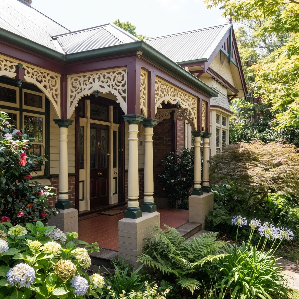 Restored and repainted timber verandah detail on a large heritage estate home in Pymble