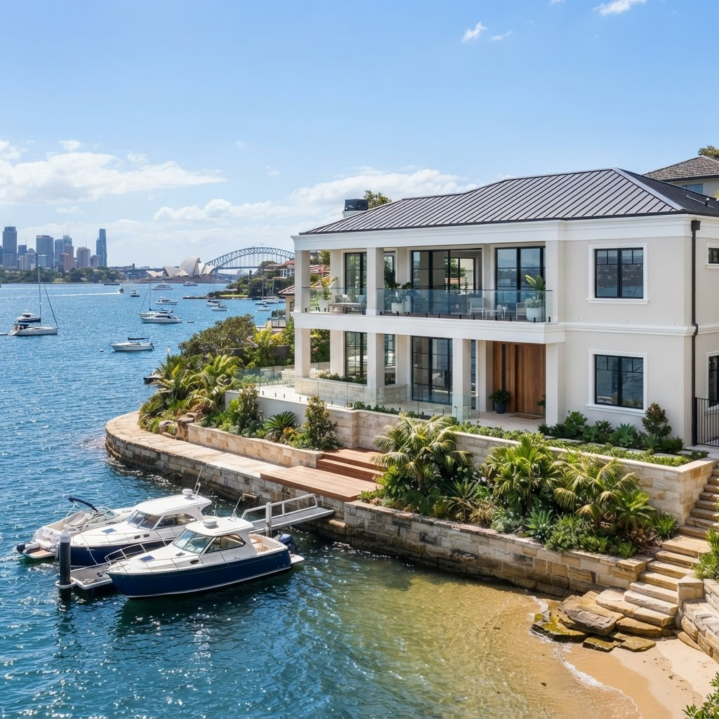 Rose Bay waterfront house exterior painted with a salt-resistant coating under bright harbour light