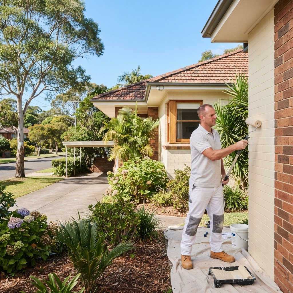Sydney Paintmasters painter rolling a fresh exterior coat on a Ryde brick and tile home
