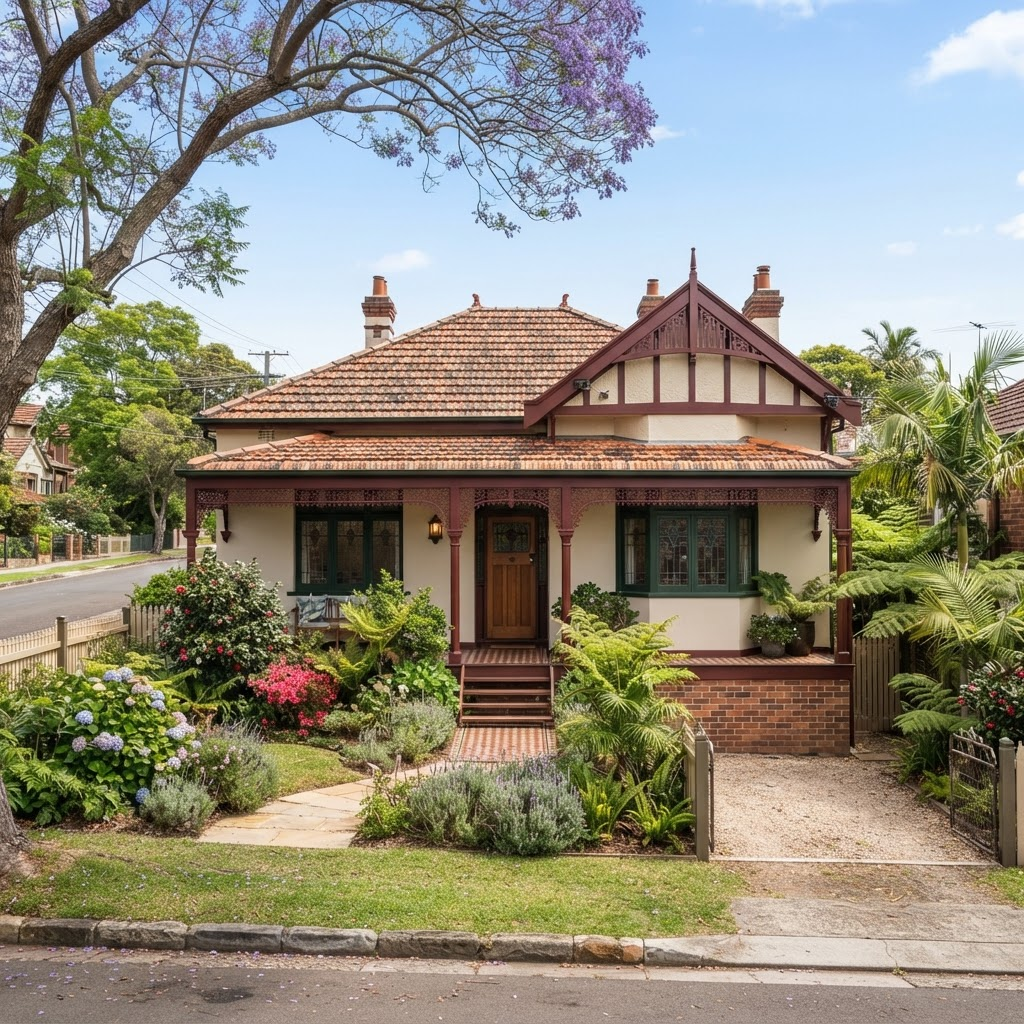 Freshly repainted Federation home exterior with restored timber detail on a Denistone street
