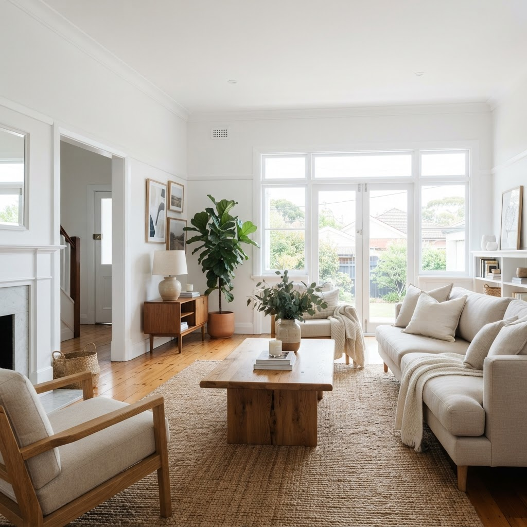 Bright interior living room repaint in a Ryde family home with crisp cut-in lines