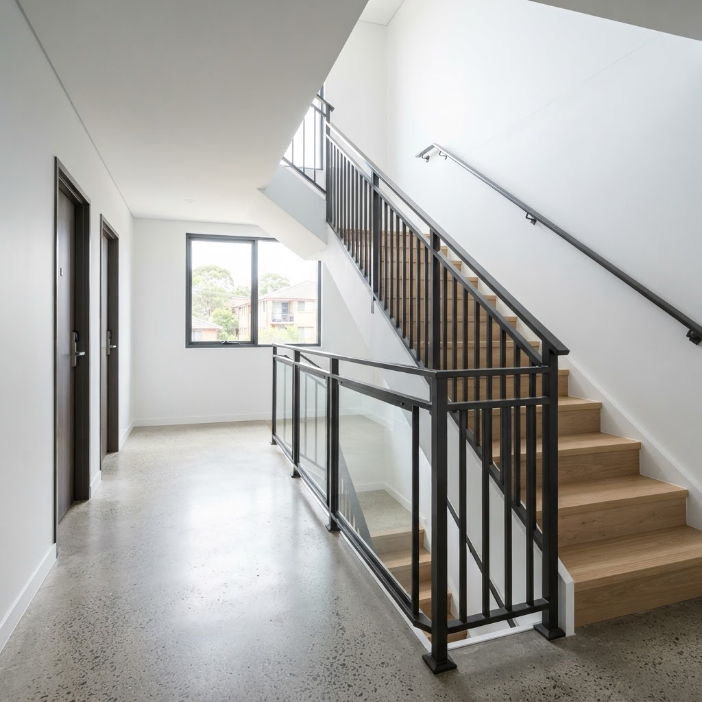Repainted apartment block stairwell and common area in a Macquarie Park strata building