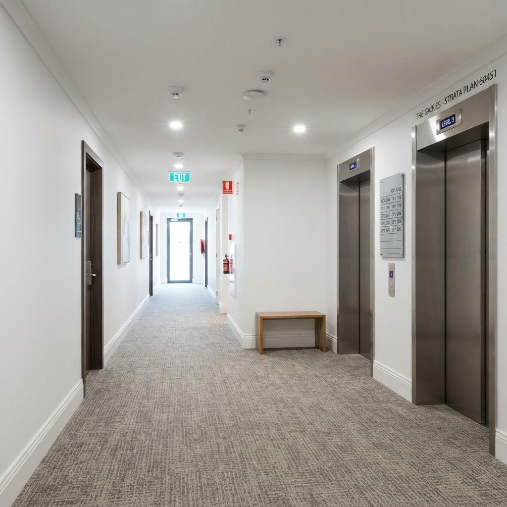 Repainted apartment foyer with fresh walls and restored trim in a Waterloo strata building