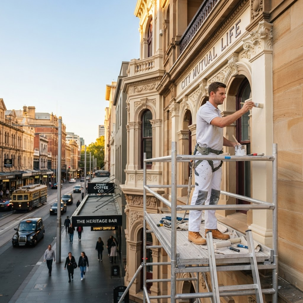 Painter on a scaffold coating a heritage sandstone facade in the Sydney CBD