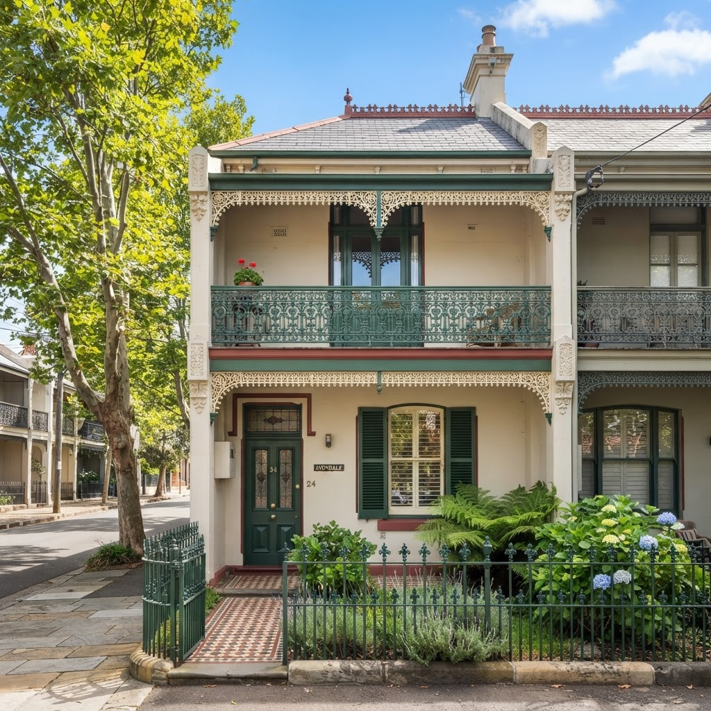 Restored Victorian terrace facade with iron lacework repainted in a heritage colour scheme