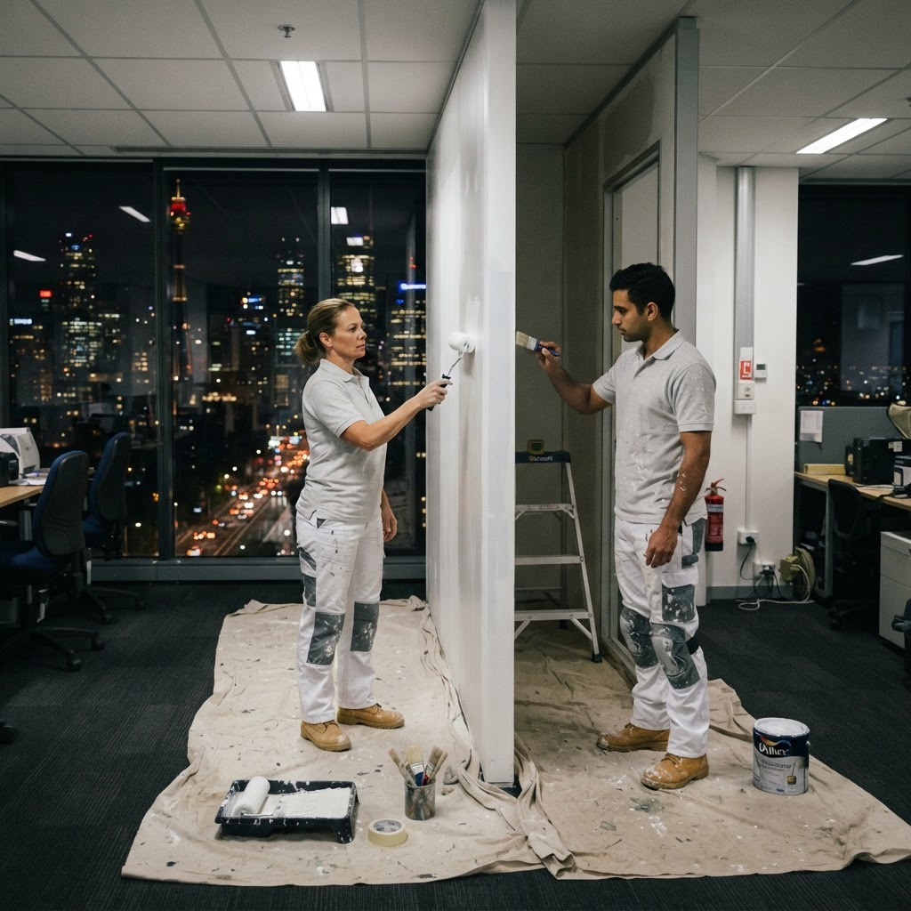 Painters coating office partition walls at night in a tenanted Sydney CBD floor