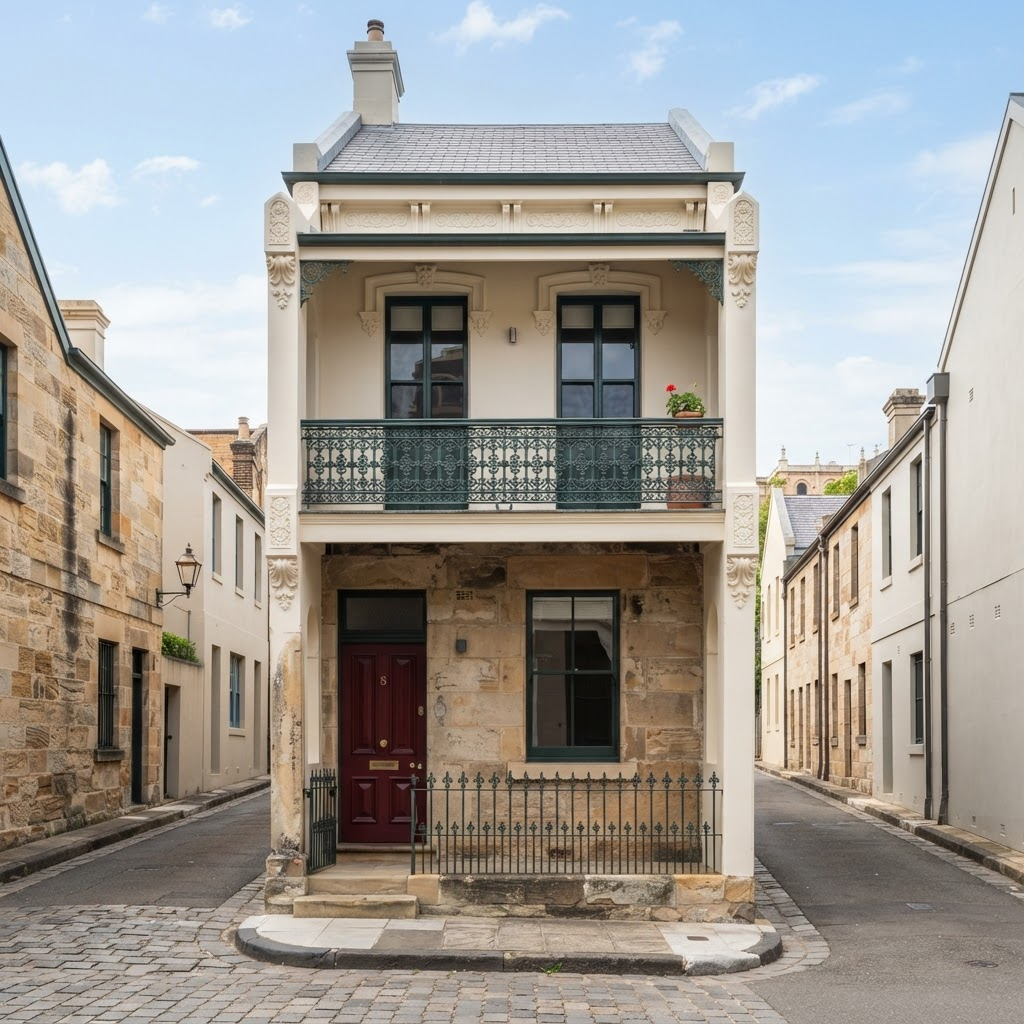Colonial terrace facade in The Rocks part-stripped and repainted in a heritage colour scheme
