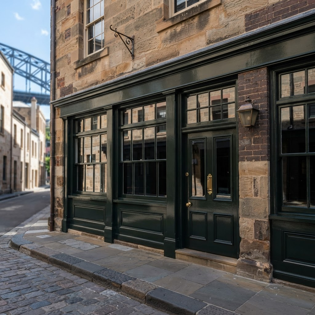 Freshly repainted timber shopfront joinery on a historic pub in The Rocks