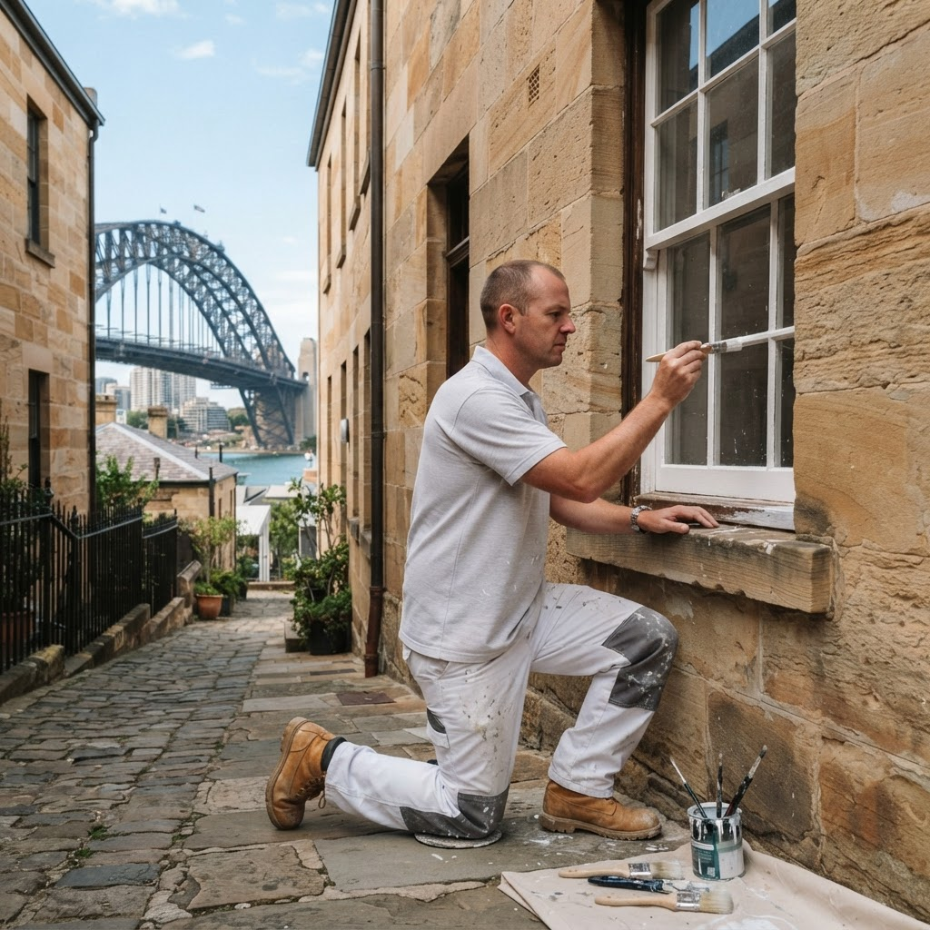 Painter finishing the timber joinery on a colonial sandstone terrace in The Rocks