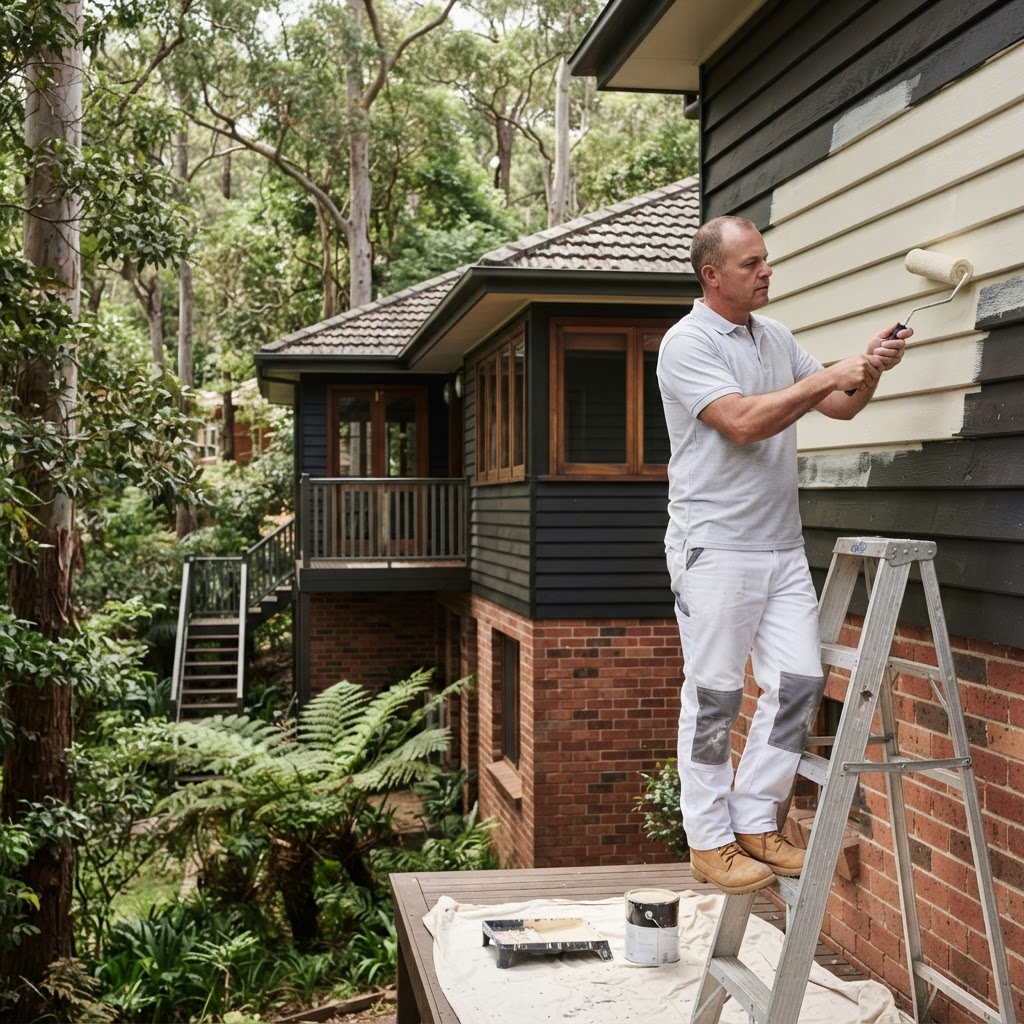 Sydney Paintmasters painter rolling a fresh exterior coat on a bushland-edge Upper North Shore home near Hornsby