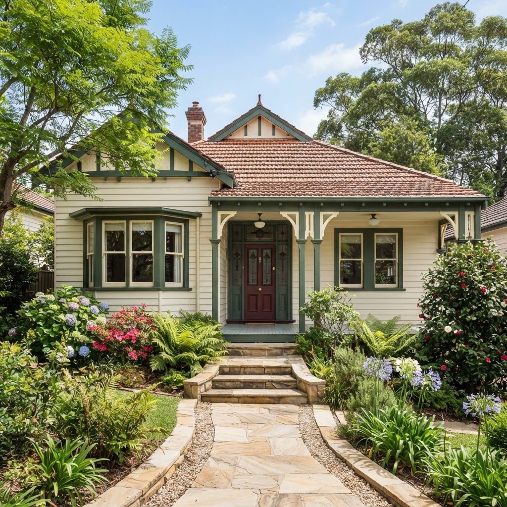Freshly repainted Federation weatherboard exterior with restored timber trims in Wahroonga