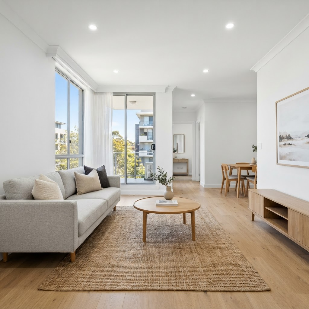 Interior repaint of an apartment living space with crisp cut-in edges in Waitara