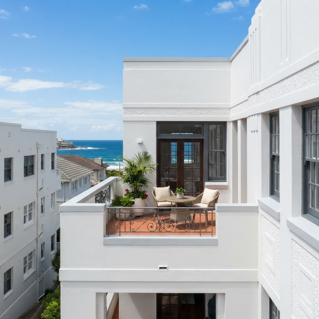 Repainted apartment balcony and rendered facade on a coastal Bondi building