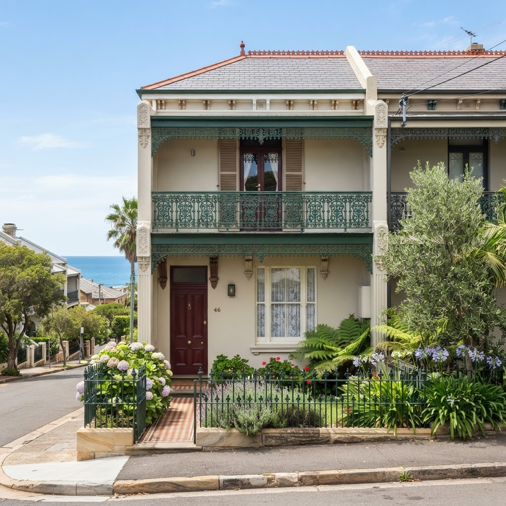 Freshly repainted Victorian terrace exterior with restored timber detailing in Bronte