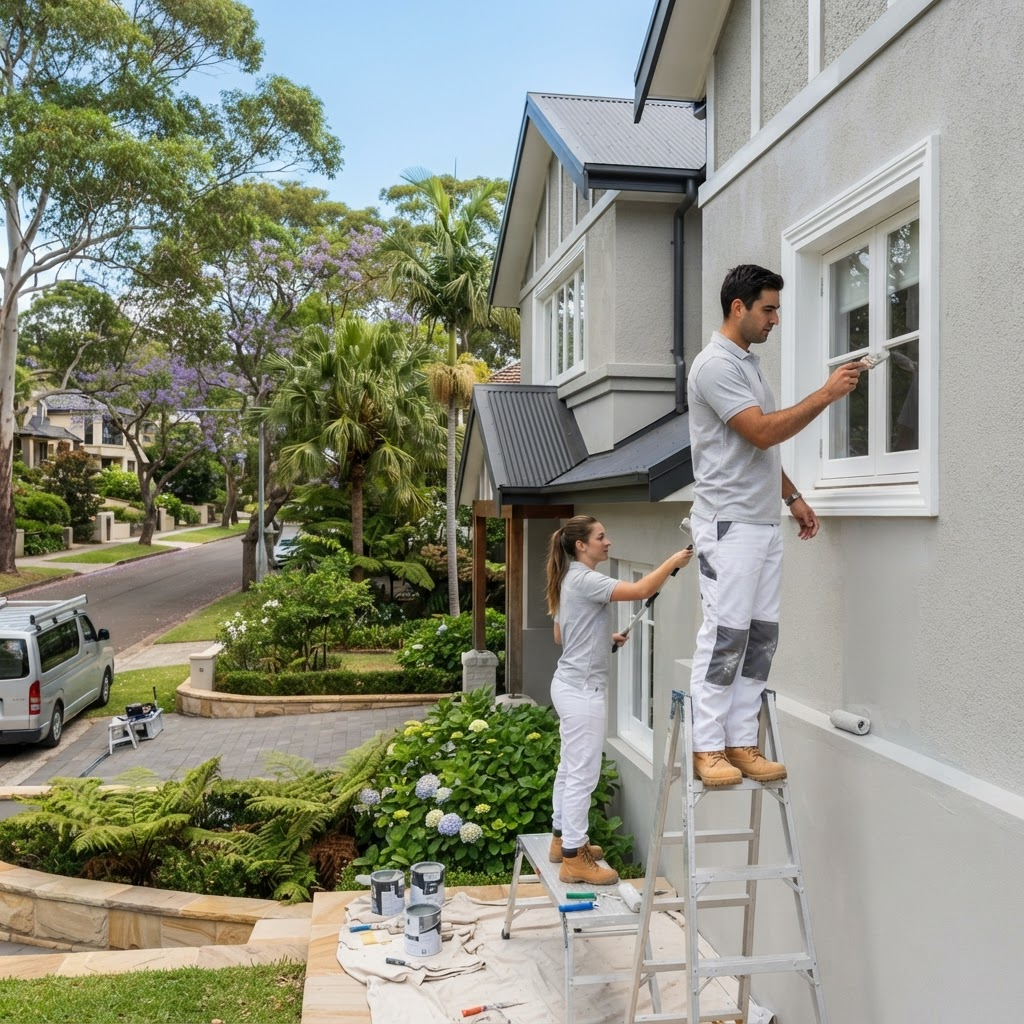 Sydney Paintmasters crew repainting a rendered two-storey home exterior on a leafy Lower North Shore street