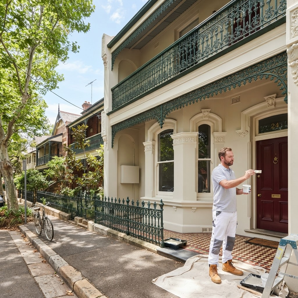 Sydney Paintmasters repainting a Victorian terrace facade in Woollahra with a heritage colour scheme