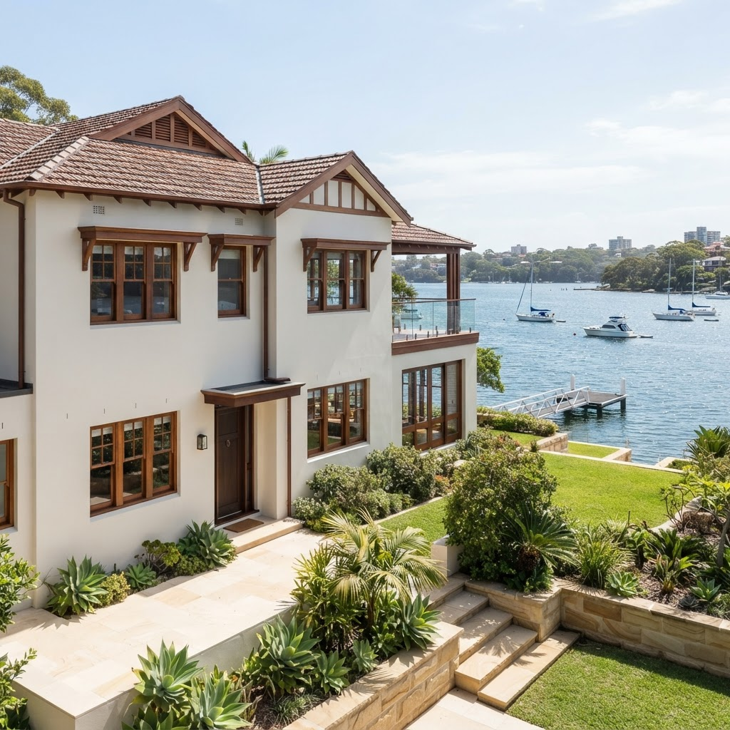 Restored timber windows and rendered wall on a Woolwich waterfront home